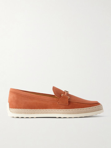 Tod's Gomma embellished leather and raffia-trimmed suede loafers
