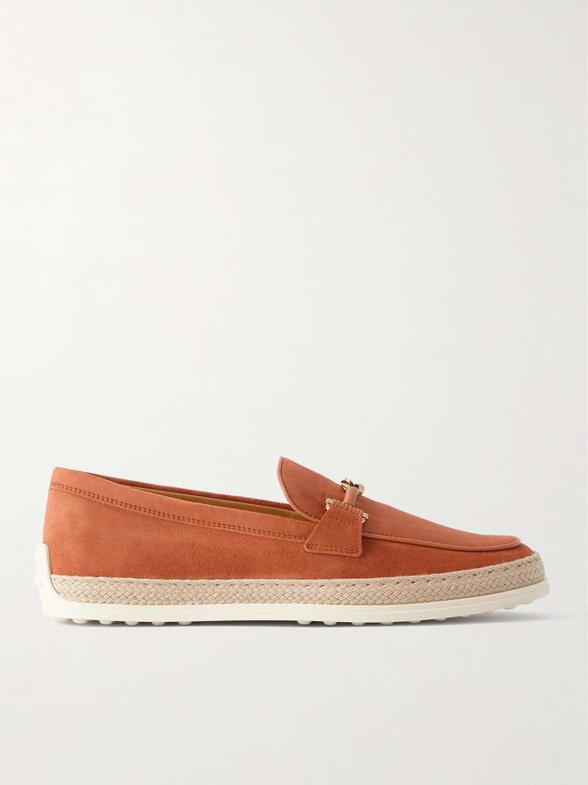 Tod's Gomma Embellished Leather And Raffia-trimmed Suede Loafers