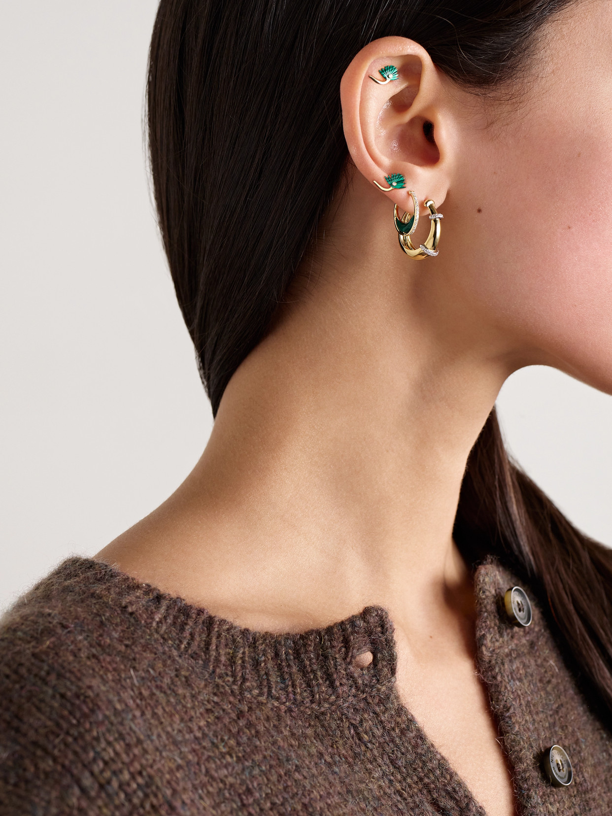 L'atelier Nawbar Bloop Moon 18-karat Gold, Diamond And Malachite Hoop Earrings