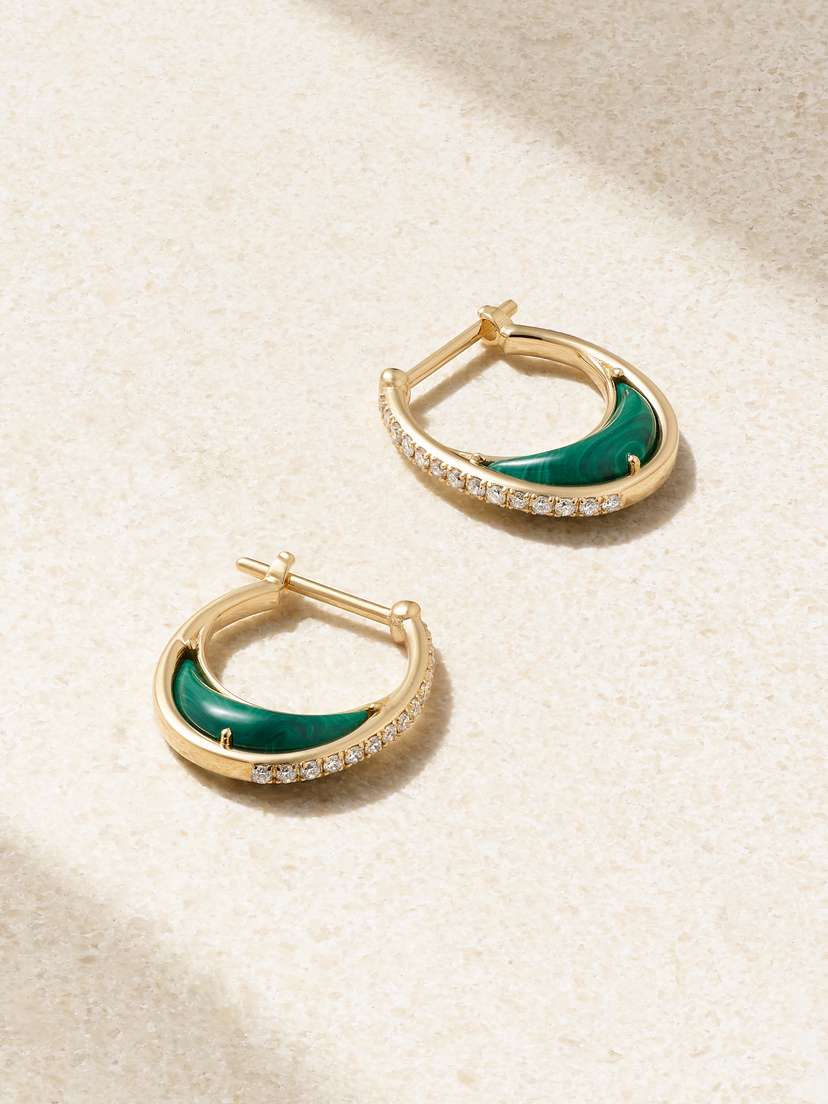 L’Atelier Nawbar Bloop Moon 18-karat Gold, Diamond And Malachite Hoop Earrings