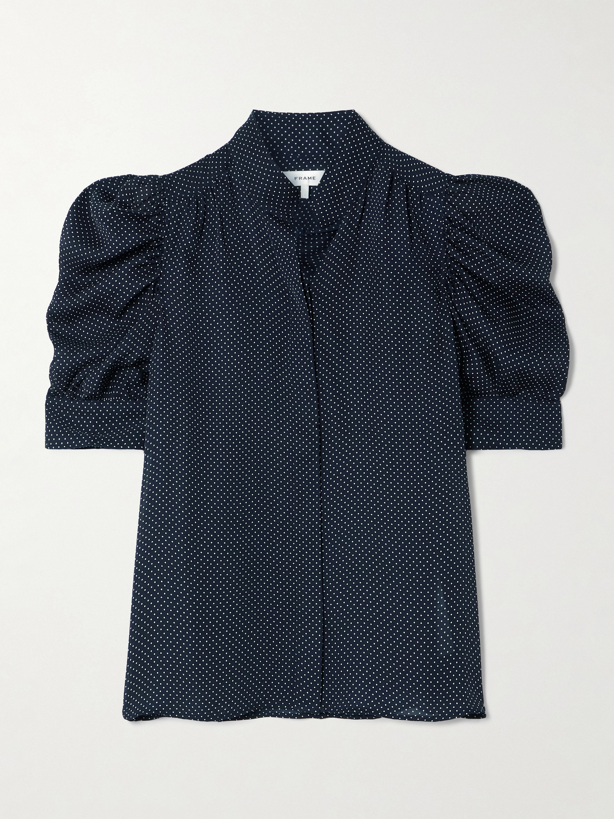 FRAME - The Gillian Ruched Polka-dot Silk-crepe Blouse - Navy