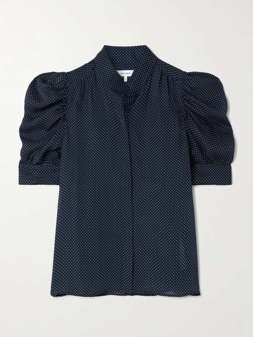 Frame The Gillian Ruched Polka-dot Silk-crepe Blouse