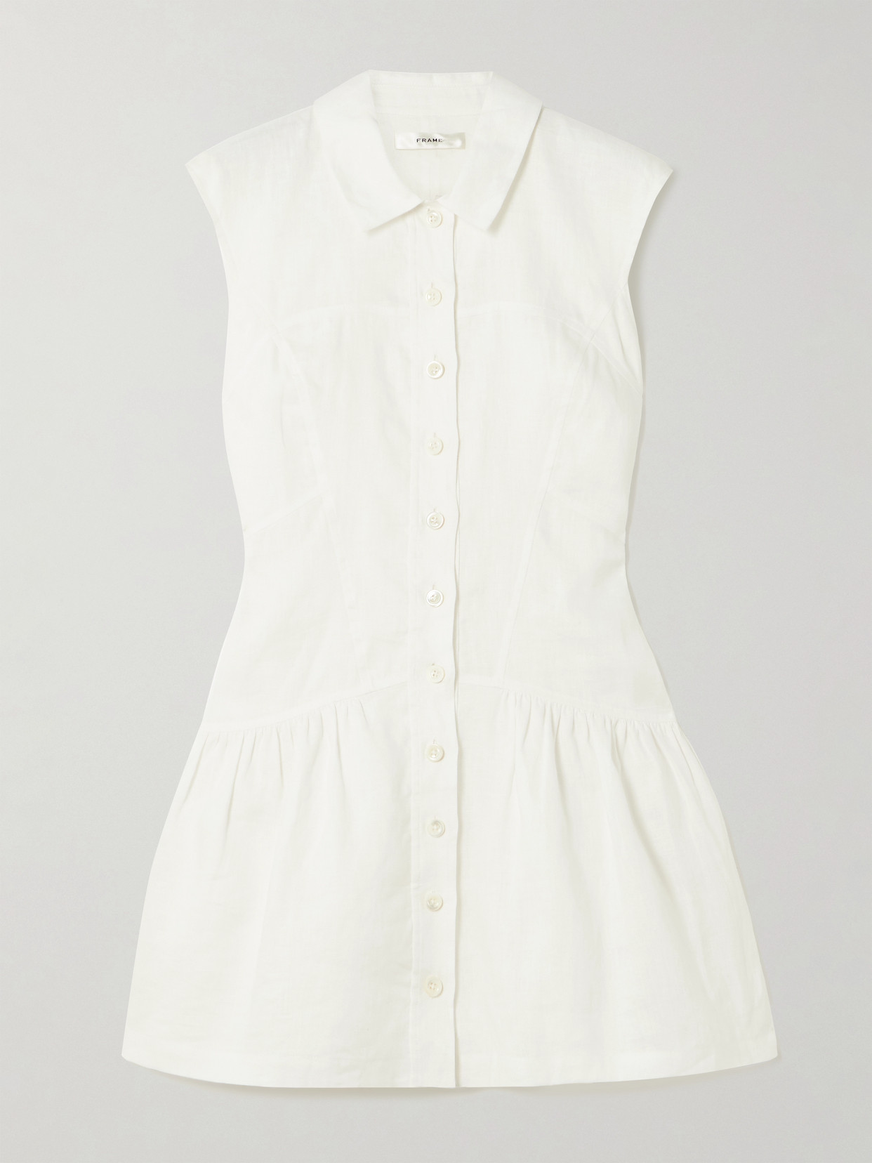 Frame Gathered Linen Mini Shirt Dress