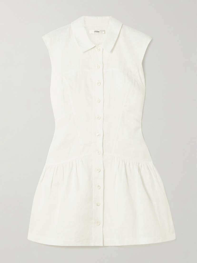 Frame Gathered Linen Mini Shirt Dress
