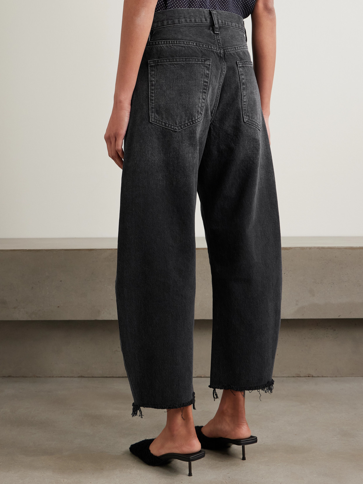 The Bubble Cropped Frayed High-Rise Barrel-Leg Jeans