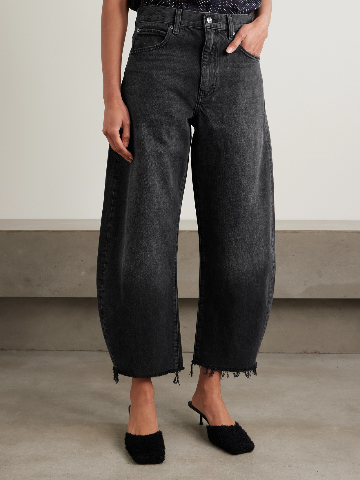 The Bubble Cropped Frayed High-Rise Barrel-Leg Jeans