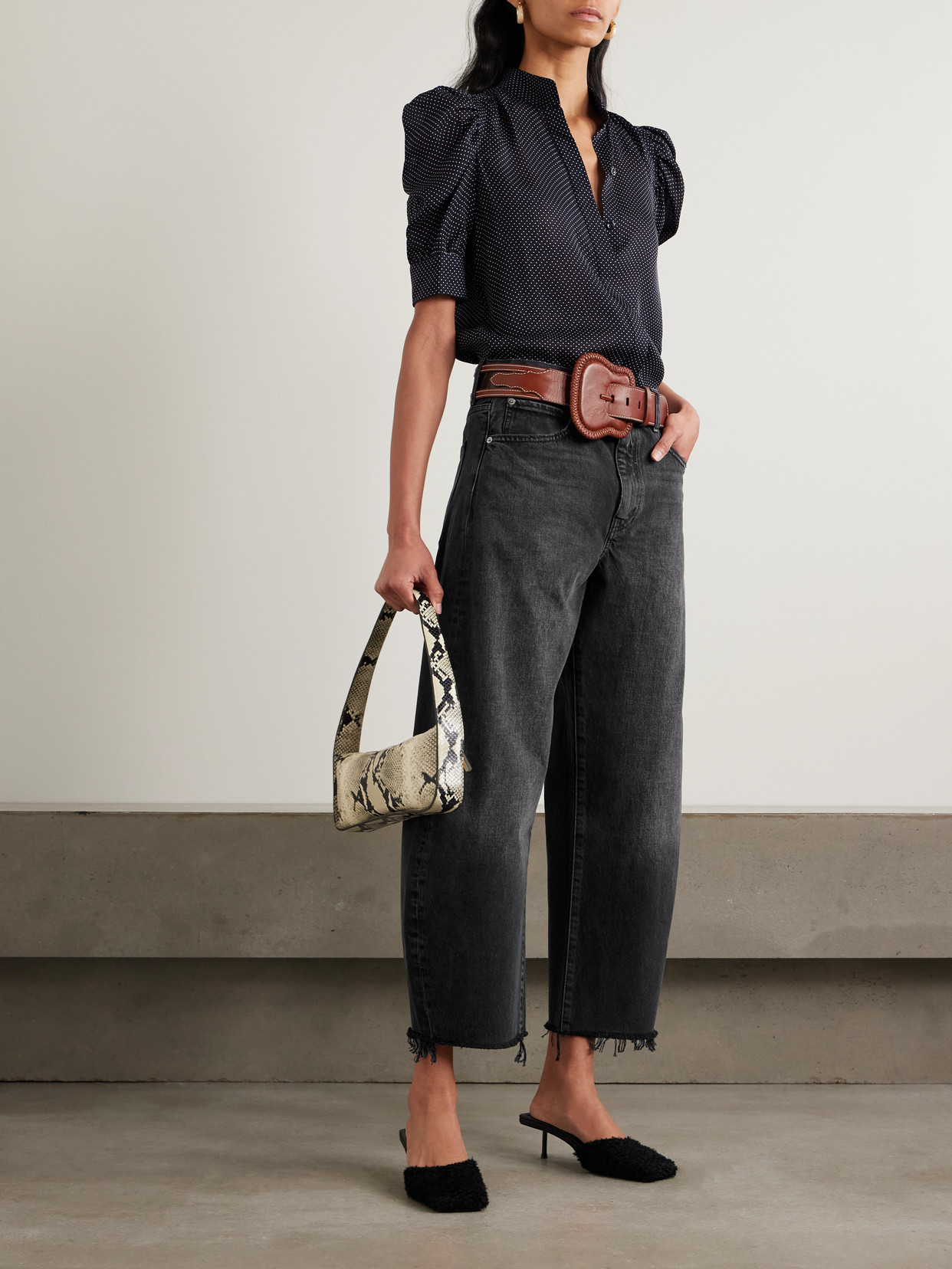 The Bubble Cropped Frayed High-Rise Barrel-Leg Jeans