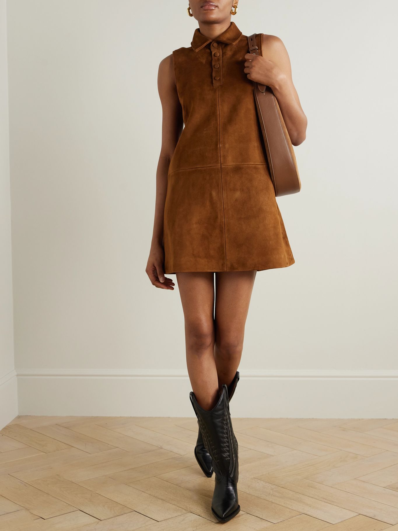 Paneled suede mini shirt dress