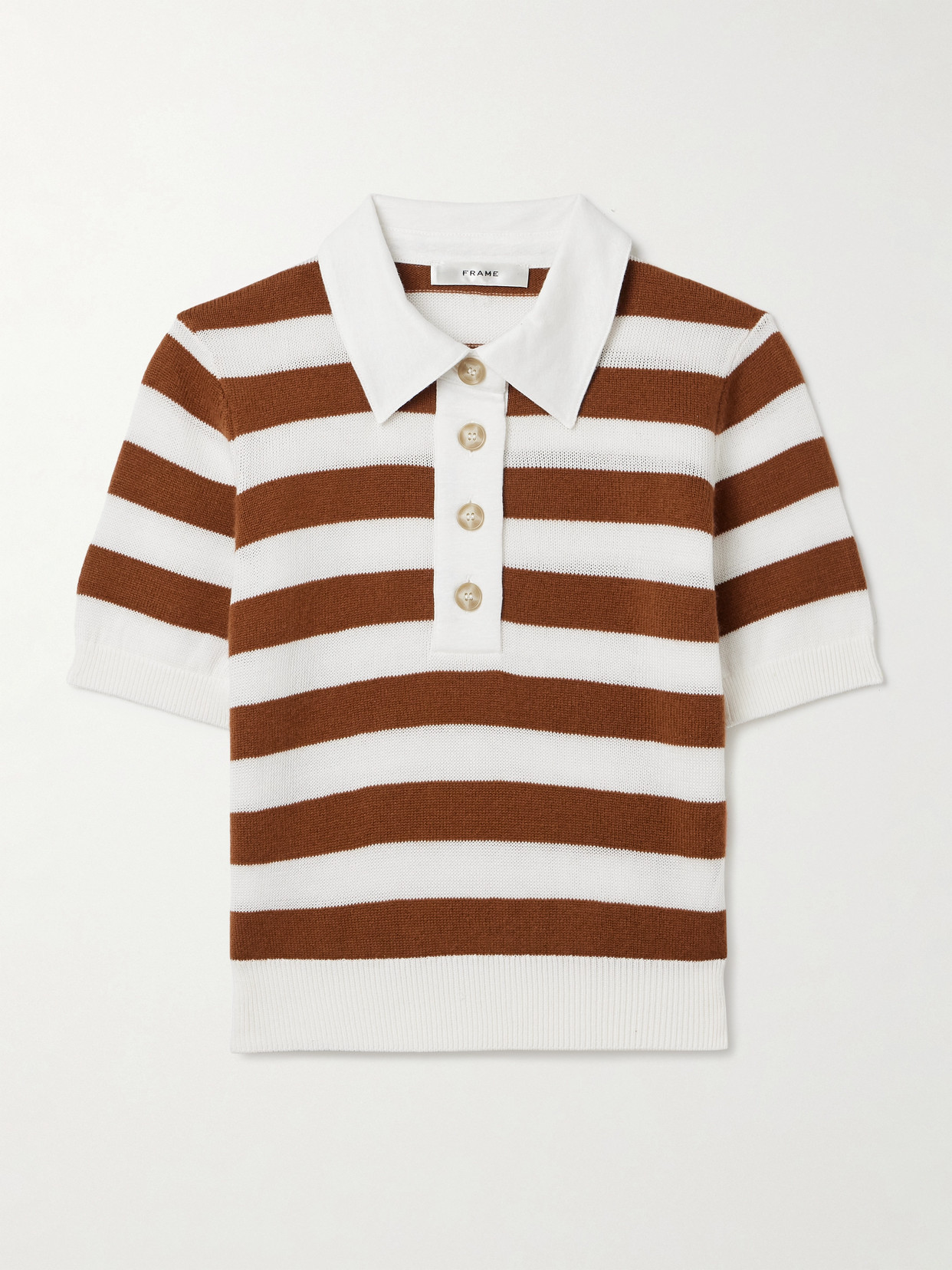 Frame Striped Cashmere And Cotton-blend Polo Shirt In Brown
