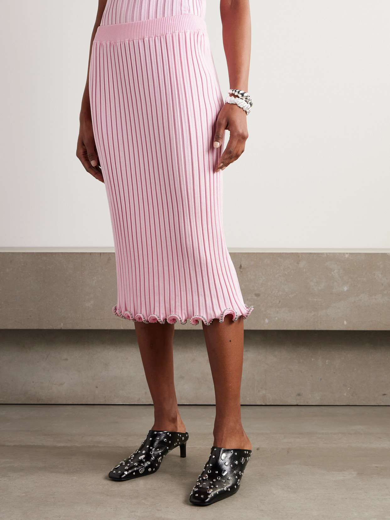 Bead-Embellished Ribbed-Knit Midi
