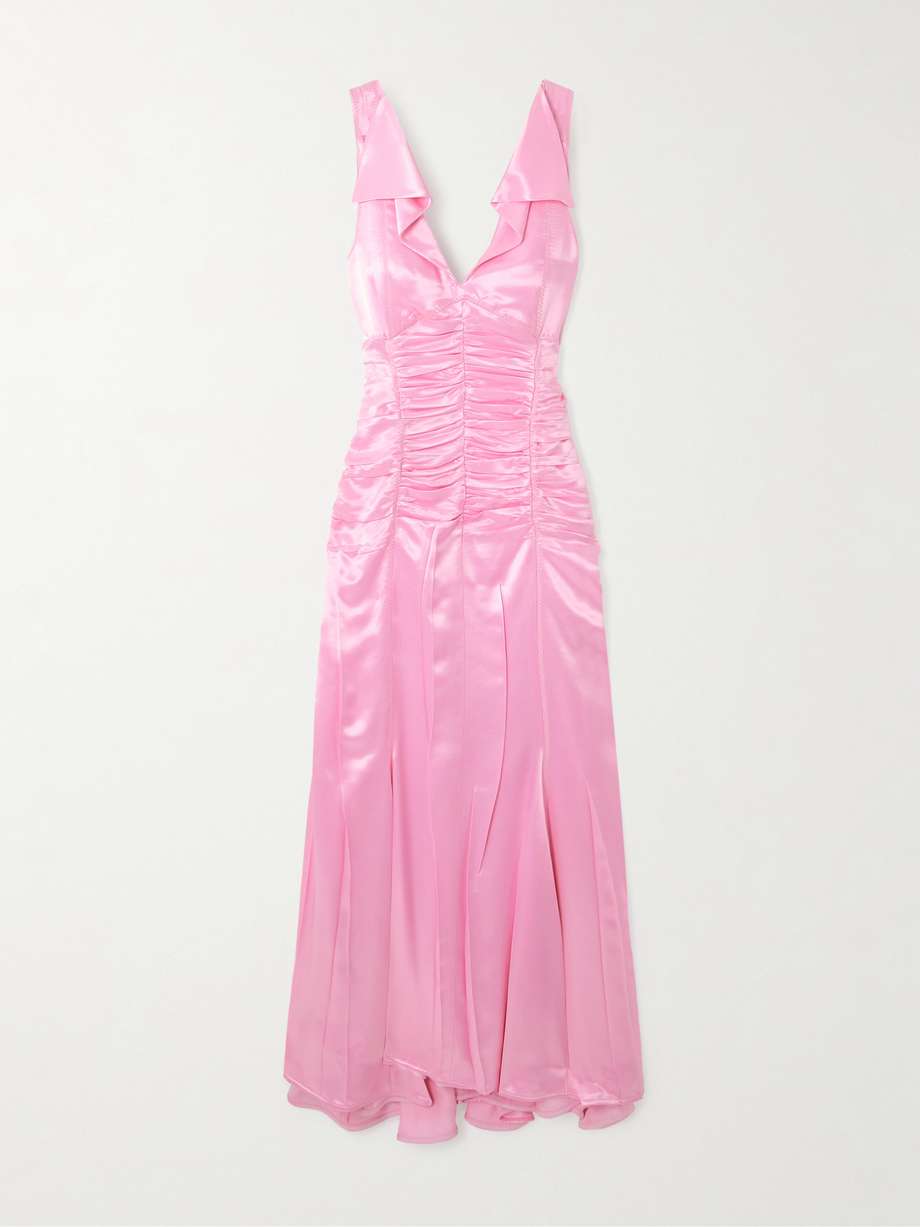 open-back ruched pleated satin gown