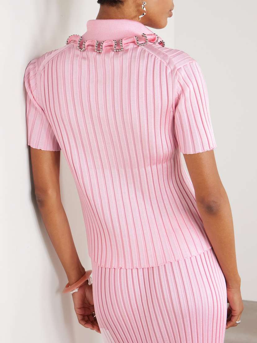 Jil Sander Bead-embellished Ribbed-knit Polo Shirt - side view in Pink