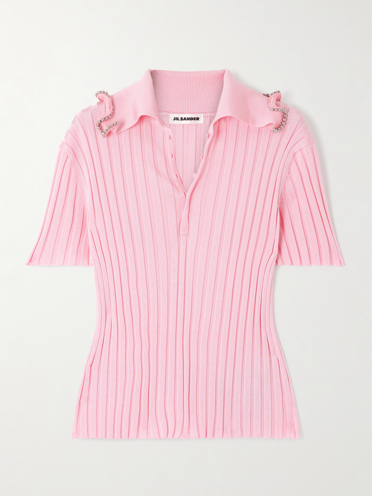 Jil Sander Bead-embellished Ribbed-knit Polo Shirt In Pink