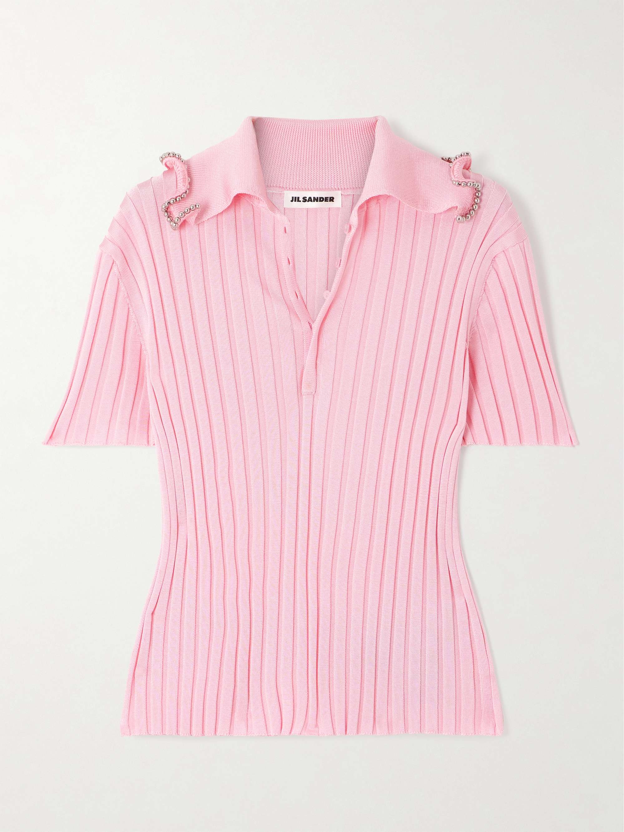 JIL SANDER Bead-embellished ribbed-knit polo shirt | NET-A JIL SANDER Bead-embellished ribbed-knit polo shirt | NET-A