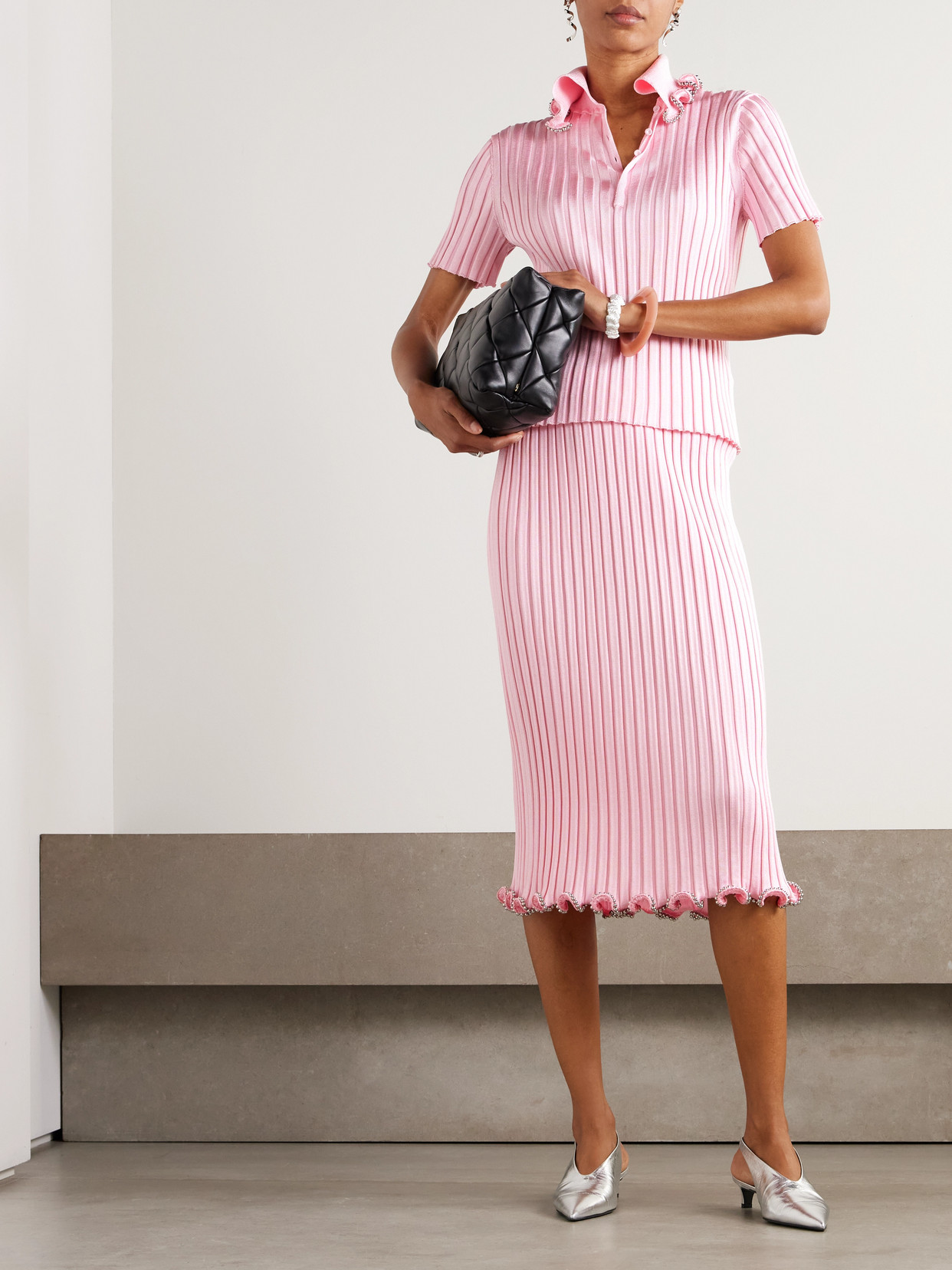 JIL SANDER BEAD-EMBELLISHED RIBBED-KNIT POLO SHIRT