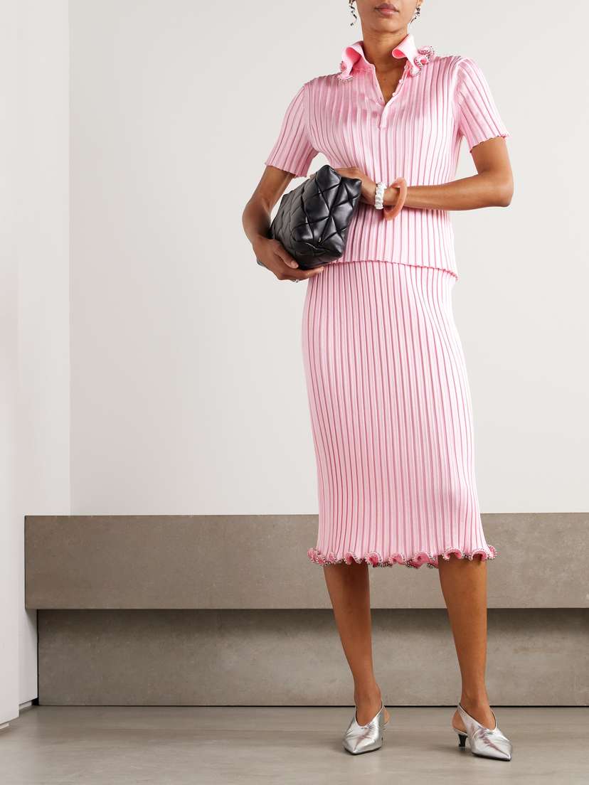 Jil Sander Bead-embellished Ribbed-knit Polo Shirt - back view in Pink