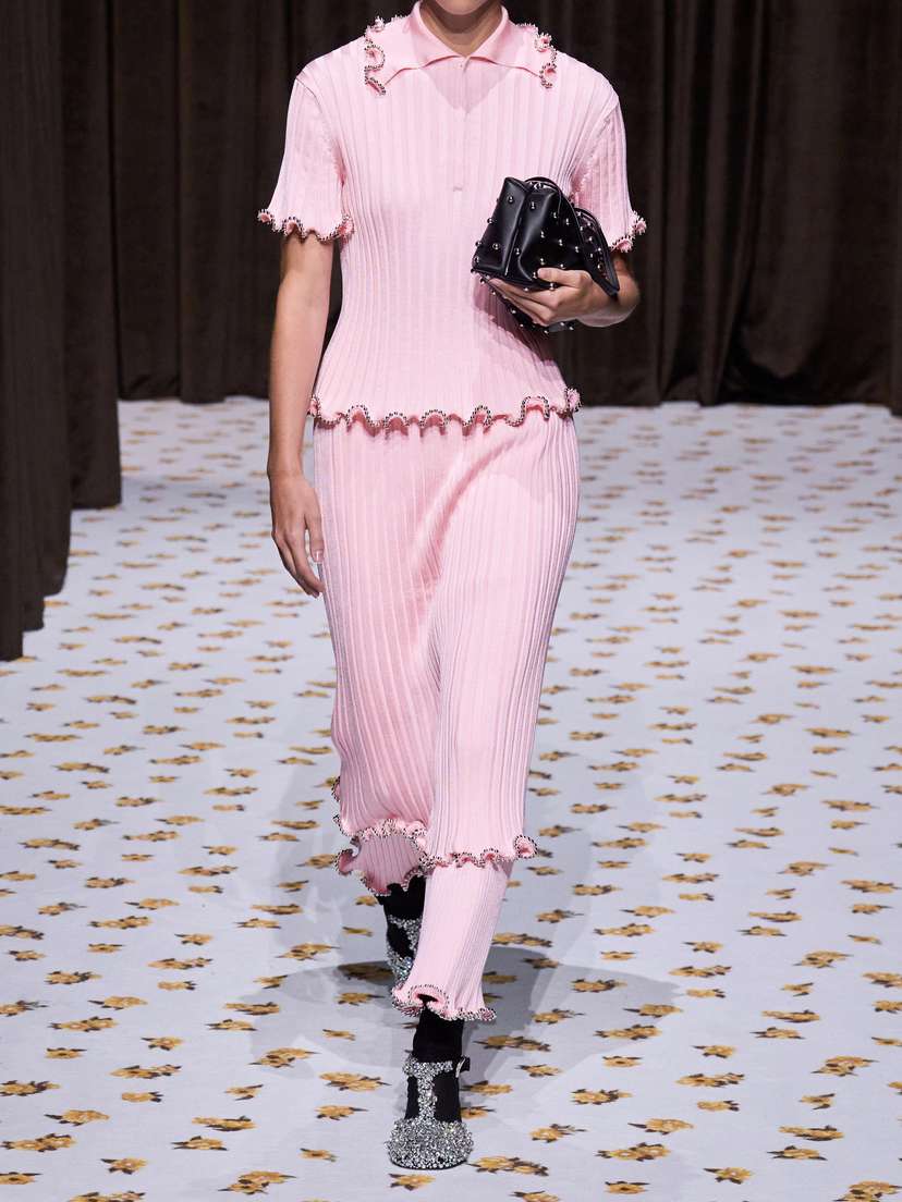 Jil Sander Bead-embellished Ribbed-knit Polo Shirt - detail view in Pink