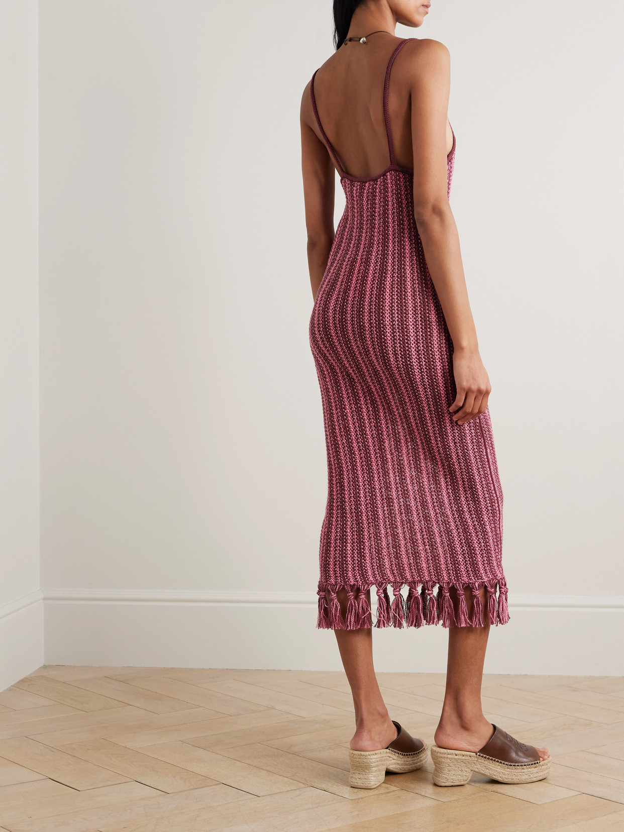 The Elder Statesman Fringed Striped Open-knit Cotton Midi Dress In Multi