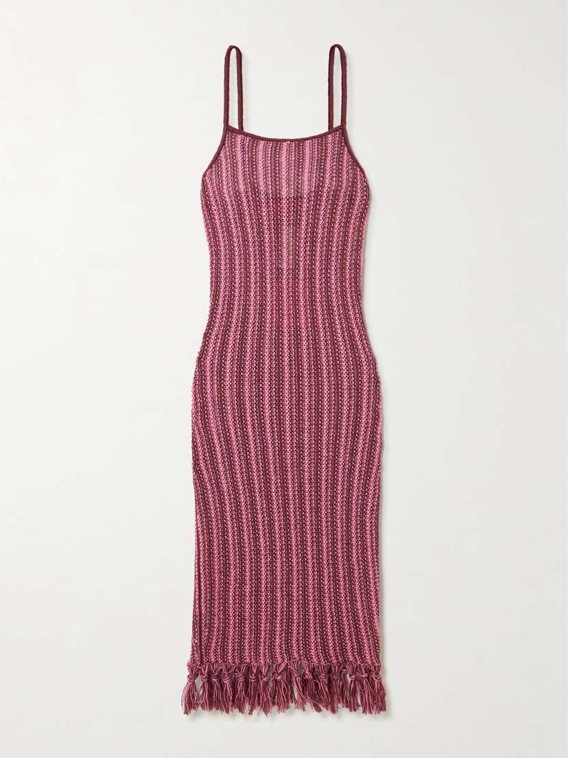 The Elder Statesman Fringed Striped Open-knit Cotton Midi Dress