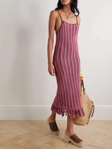 The Elder Statesman Fringed striped open-knit cotton midi dress