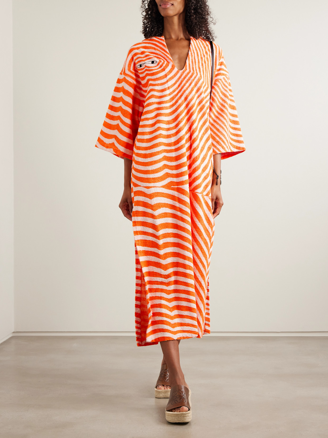 The Elder Statesman Embroidered Striped Cotton-terry Kaftan