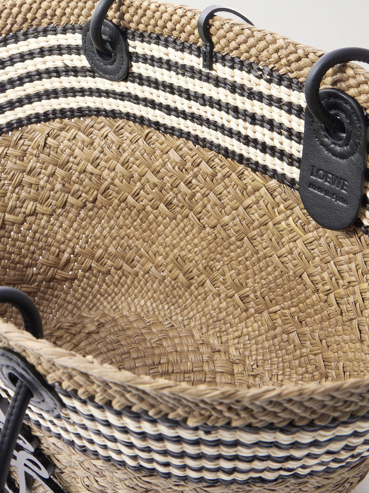 Loewe + Paula's Ibiza Anagram Basket Small Leather-trimmed Striped Raffia Tote In Green