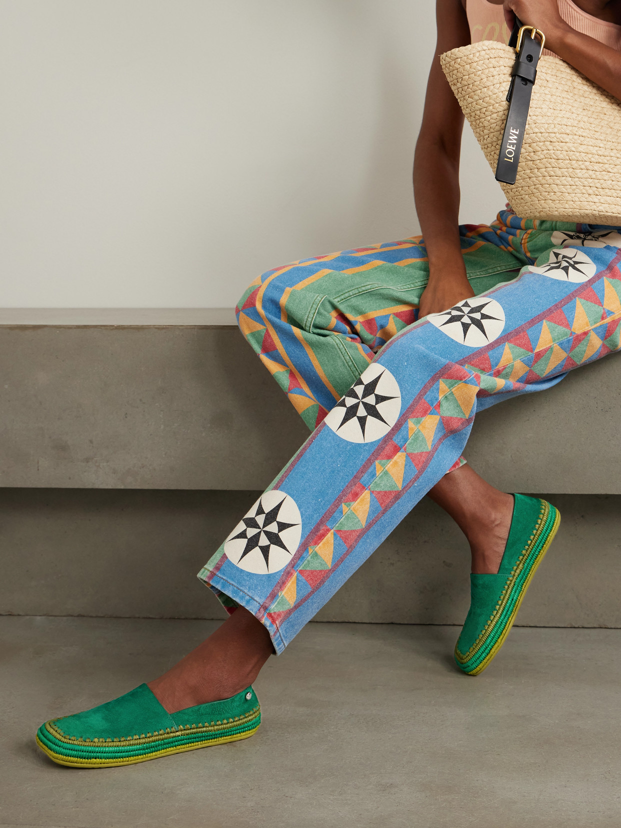 Loewe + Paula's Ibiza Rio Raffia-trimmed Suede Espadrilles In Green