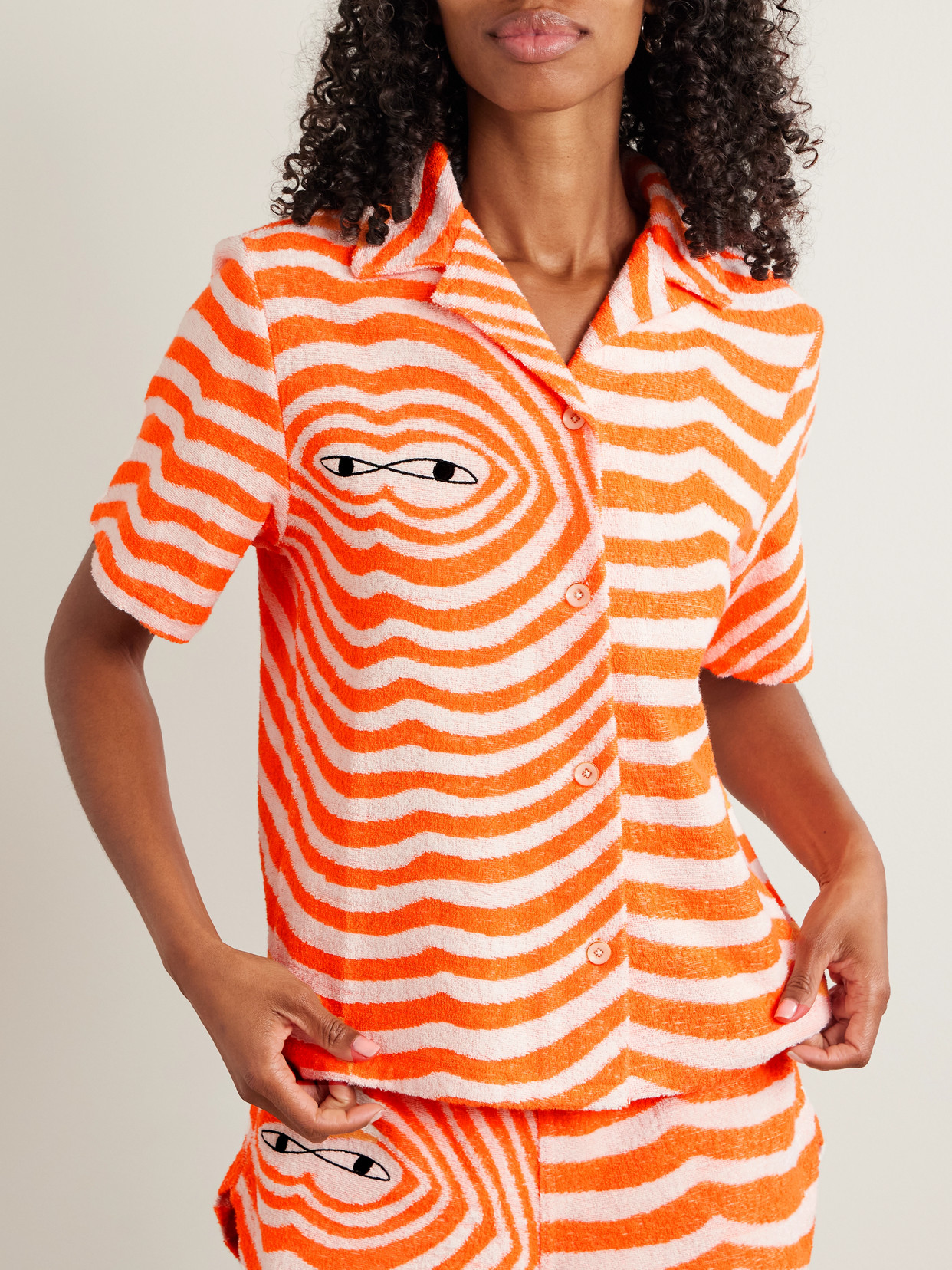The Elder Statesman Embroidered Striped Cotton-terry Shirt In Multi