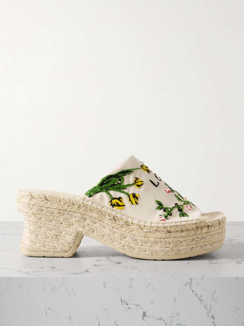 Loewe + Paula's Ibiza Petal Embroidered Canvas Platform Espadrille Mules
