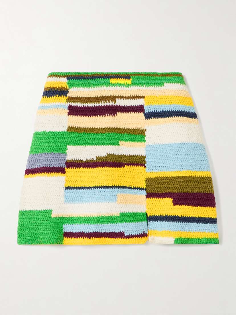 The Elder Statesman Striped Crocheted Cotton Mini Skirt