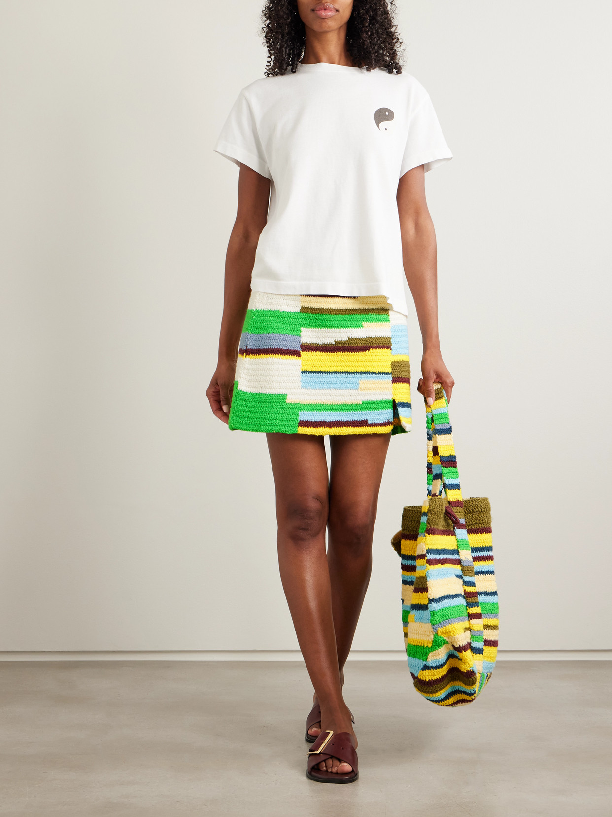 The Elder Statesman Striped Crocheted Cotton Mini Skirt