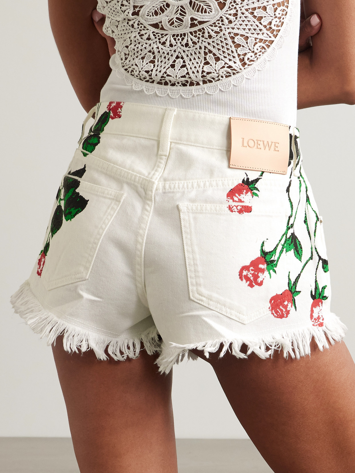 Loewe Flower-print Fringed Peekaboo Denim Shorts In White