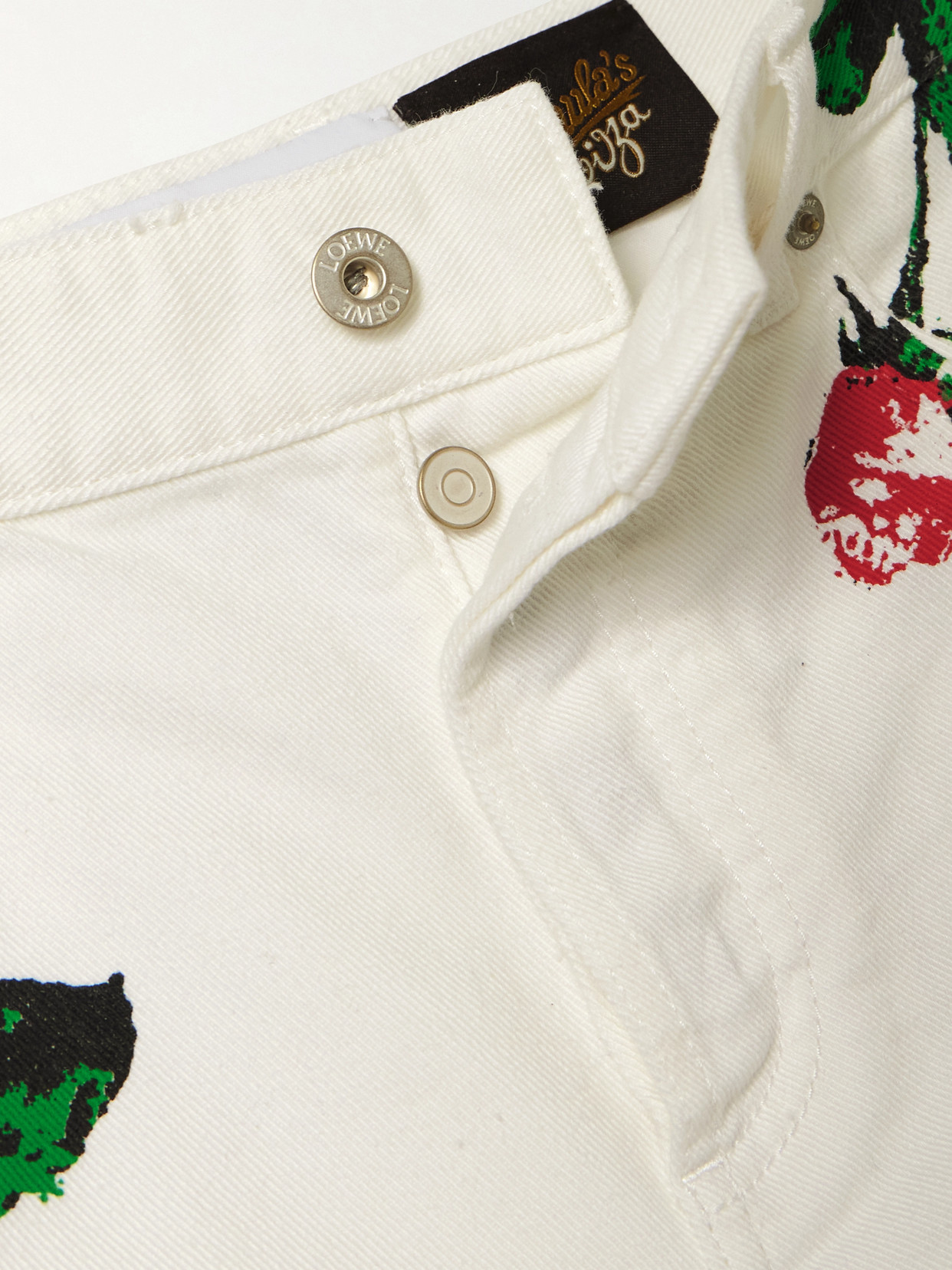 Loewe Flower-print Fringed Peekaboo Denim Shorts In White