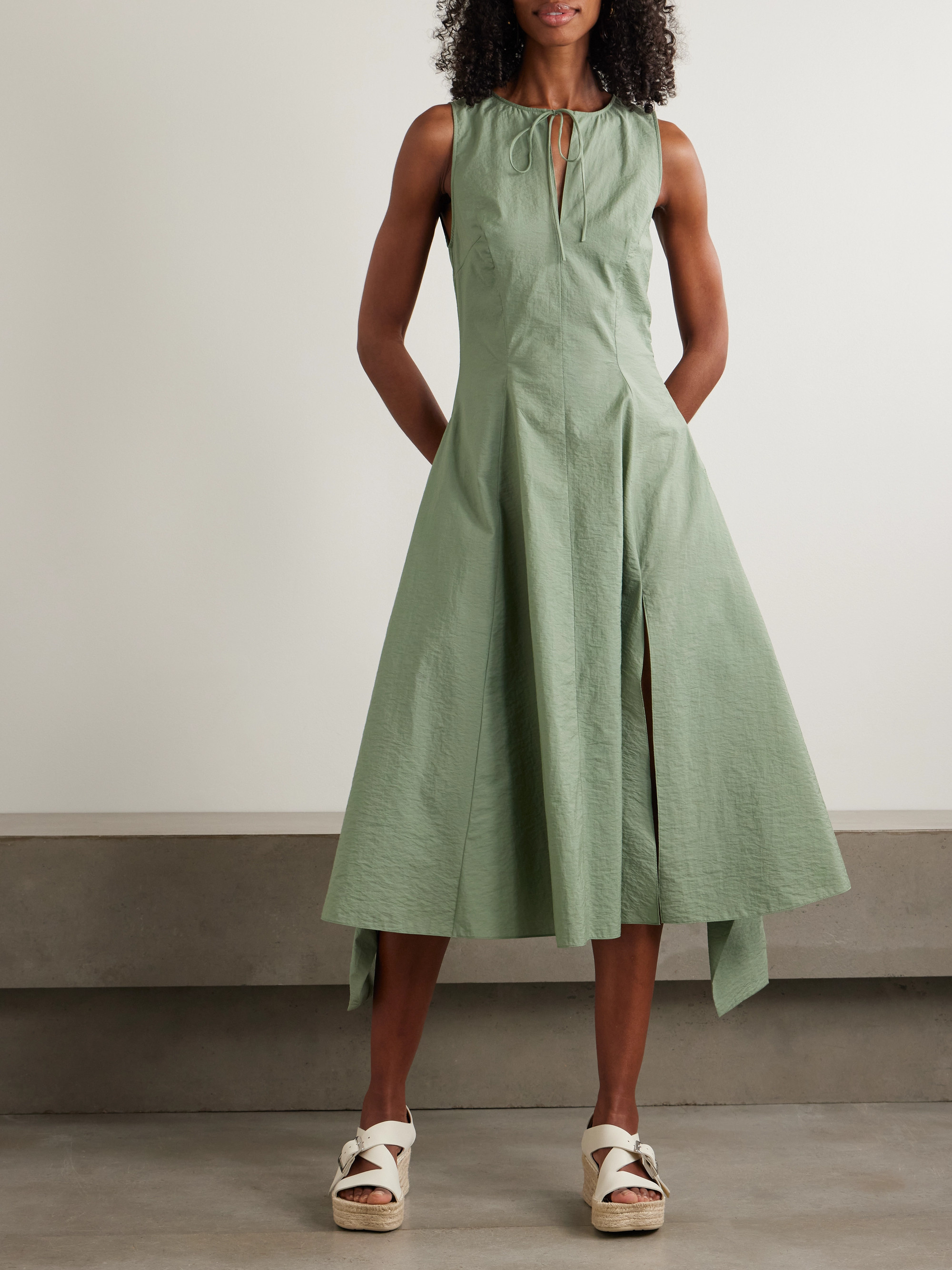Loewe + Paula's Ibiza tie-detailed belted crinkled cotton-blend poplin midi dress thumbnail