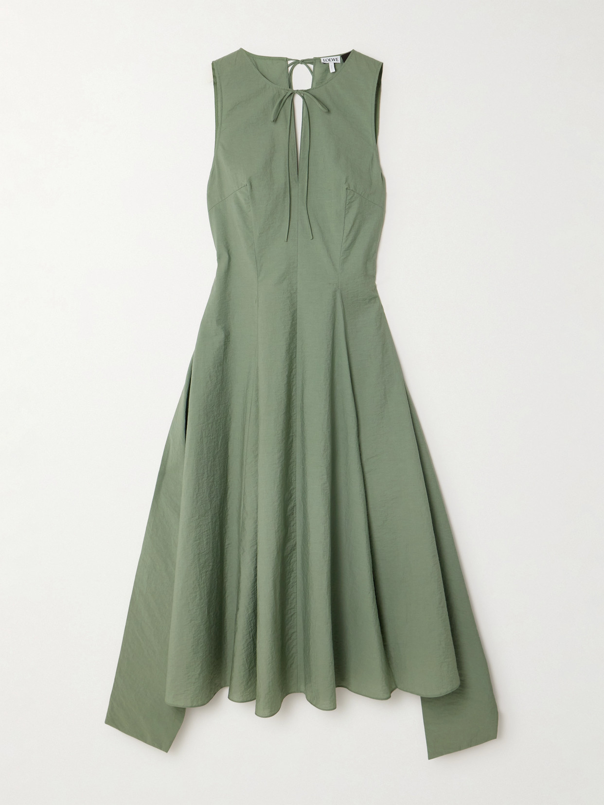 Loewe + Paula's Ibiza Tie-detailed Belted Crinkled Cotton-blend Poplin Midi Dress In Green