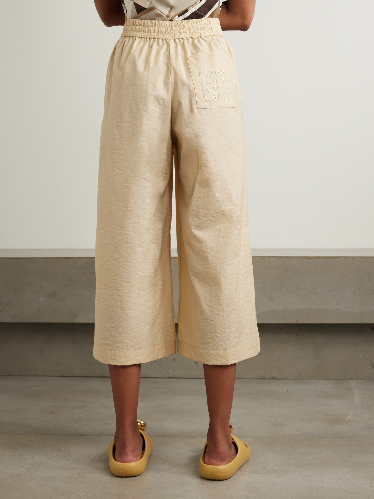 Shop Loewe + Paula's Ibiza Appliquéd Crinkled Cotton-blend Wide-leg Pants In Neutrals