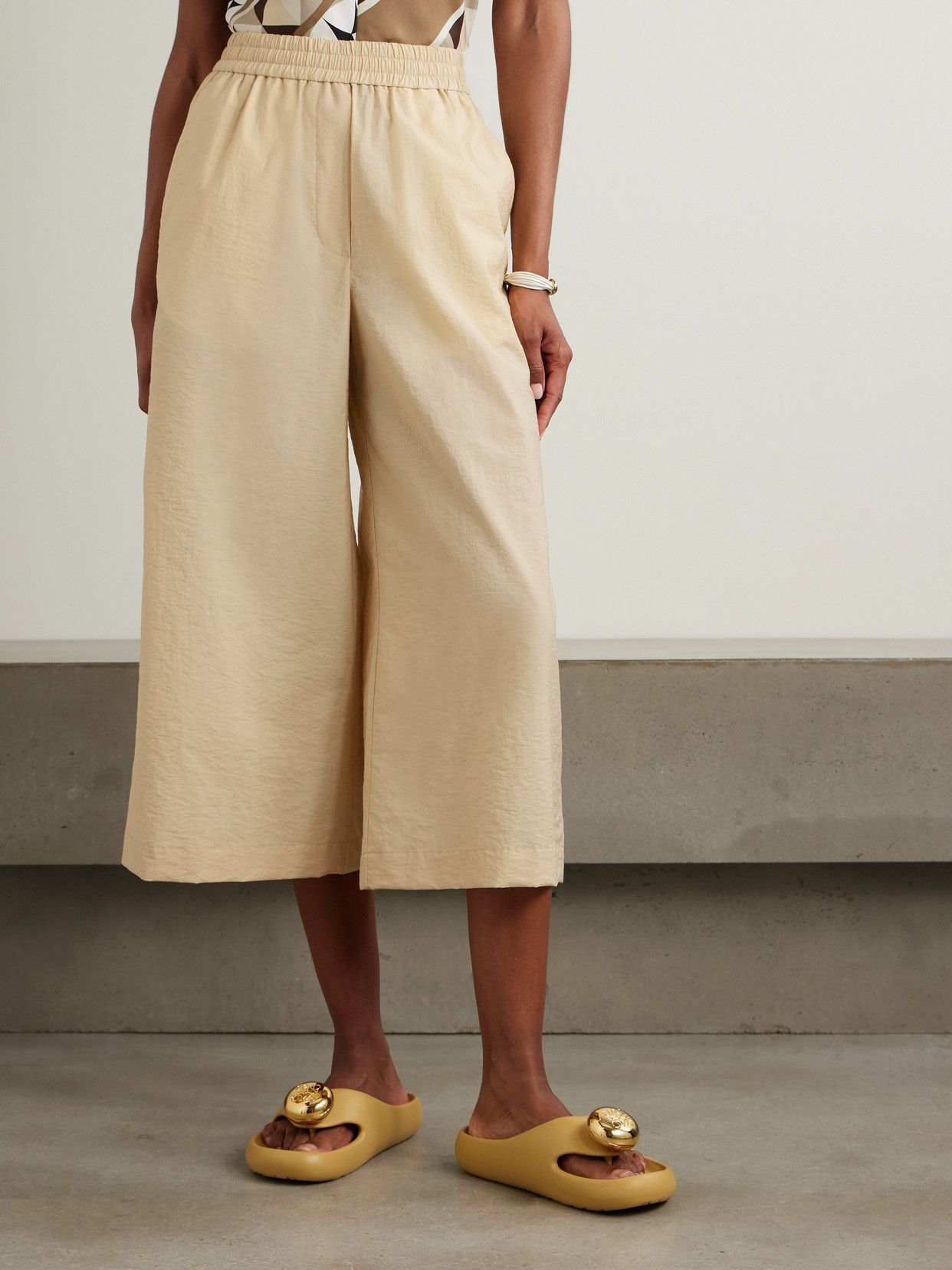 Shop Loewe + Paula's Ibiza Appliquéd Crinkled Cotton-blend Wide-leg Pants In Neutrals