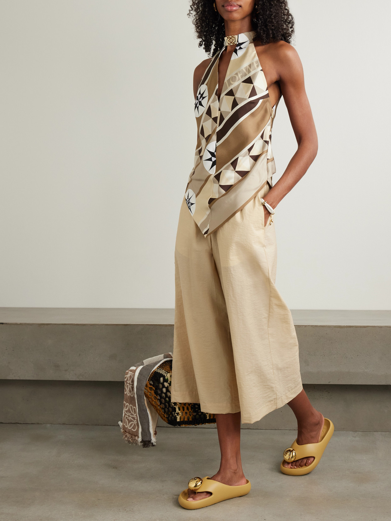 Shop Loewe + Paula's Ibiza Appliquéd Crinkled Cotton-blend Wide-leg Pants In Neutrals