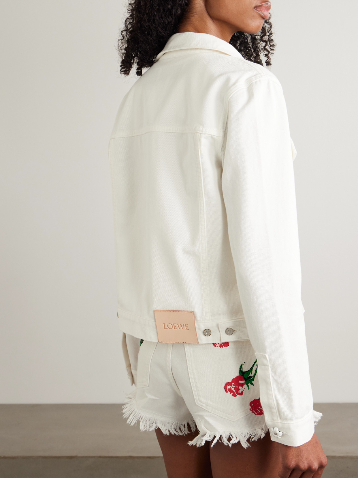LOEWE + PAULA'S IBIZA LEATHER-TRIMMED EMBELLISHED DENIM JACKET