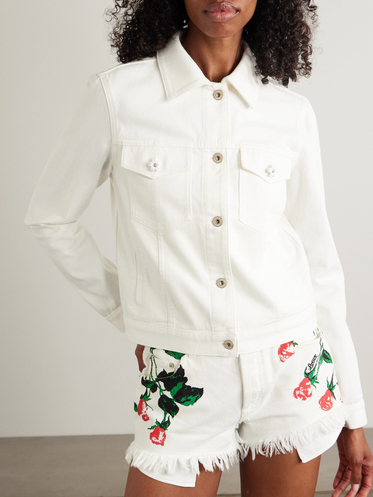 LOEWE + PAULA'S IBIZA LEATHER-TRIMMED EMBELLISHED DENIM JACKET