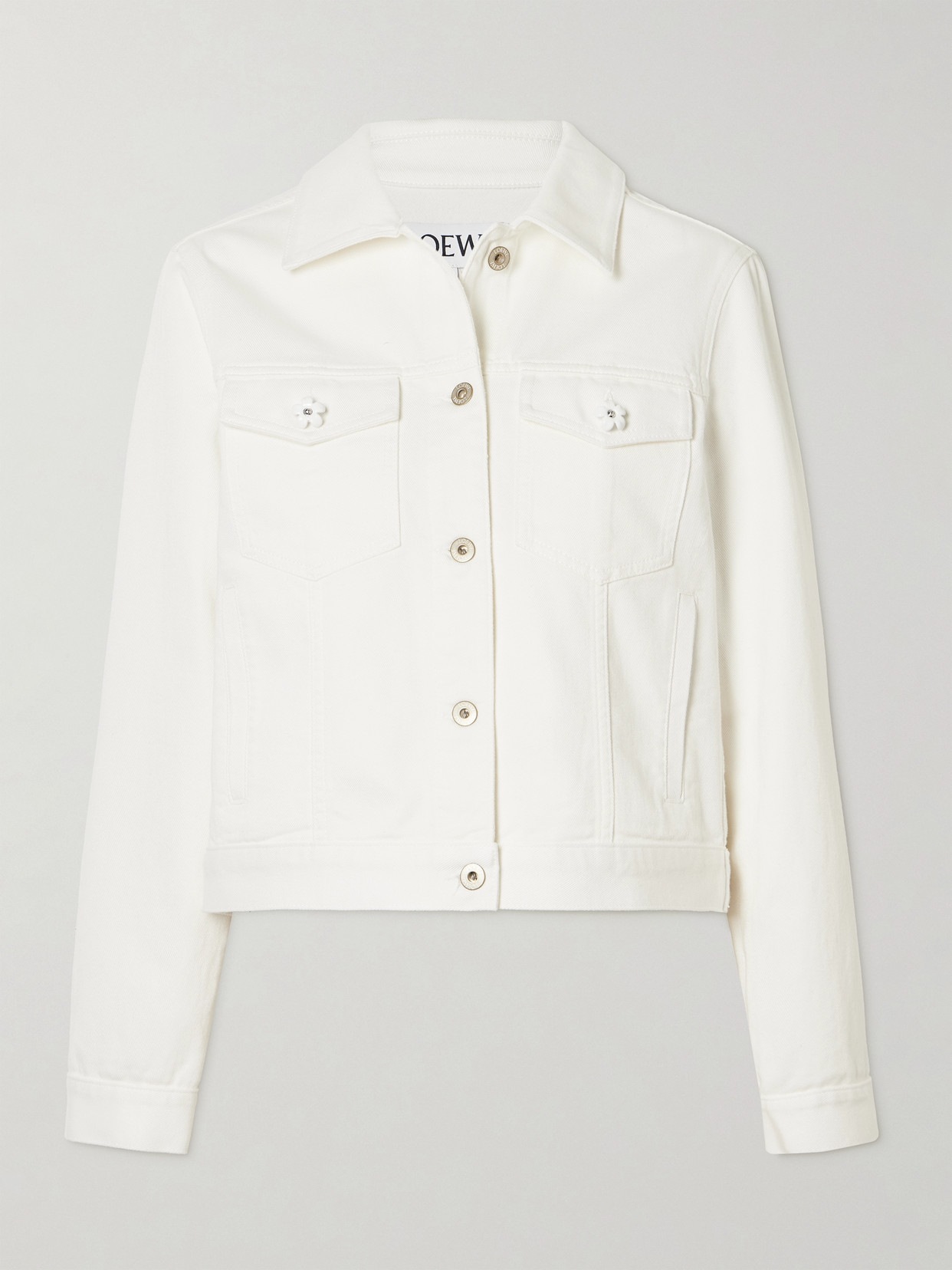 Loewe + Paula's Ibiza Leather-trimmed Embellished Denim Jacket In White