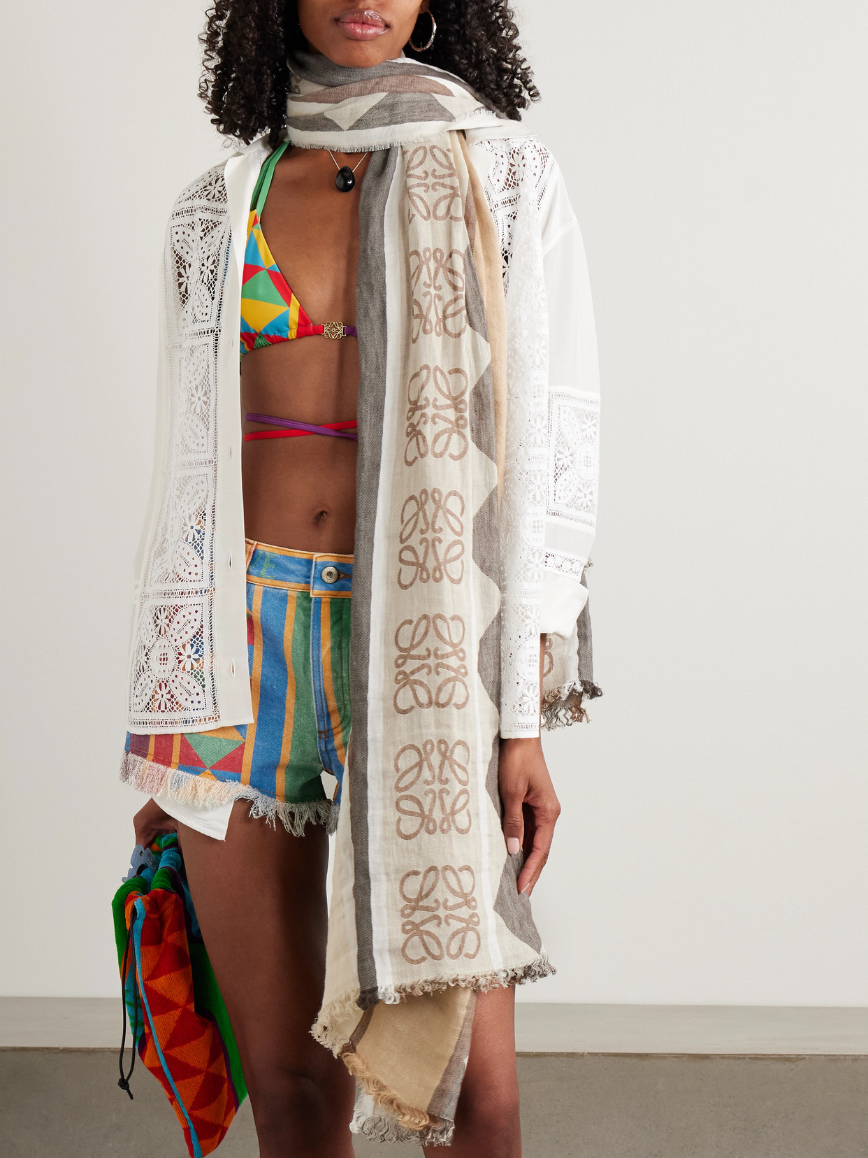 Loewe + Paula's Ibiza Fringed Linen And Cotton-blend Jacquard Scarf In Neutrals