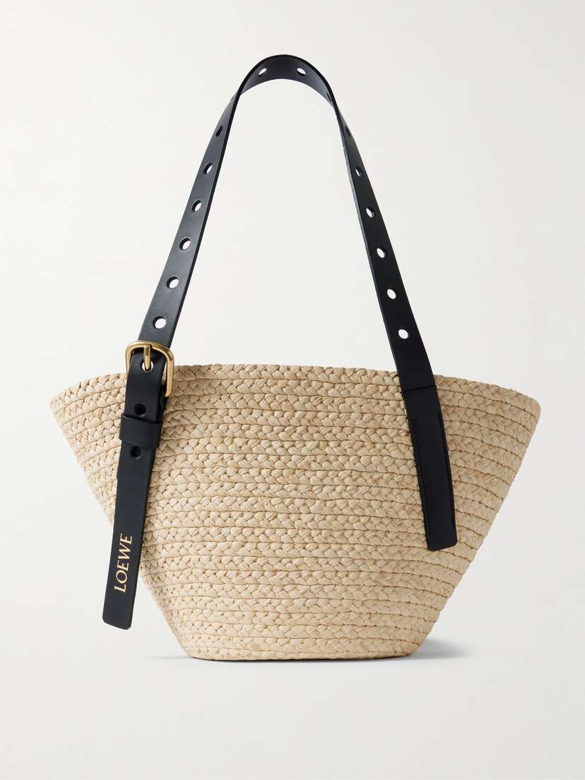 Loewe + Paula's Ibiza Punch Hole Small Leather-trimmed Raffia Tote