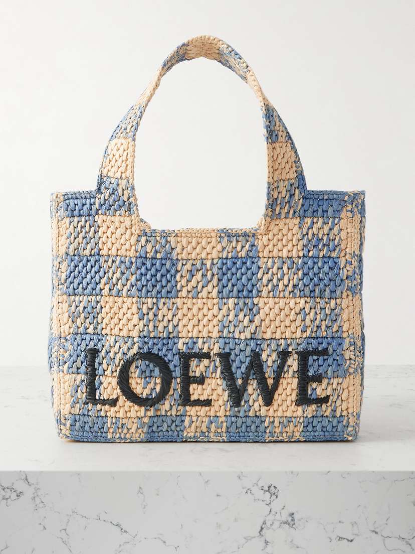 Loewe + Paula's Ibiza Embroidered Checked Raffia Tote