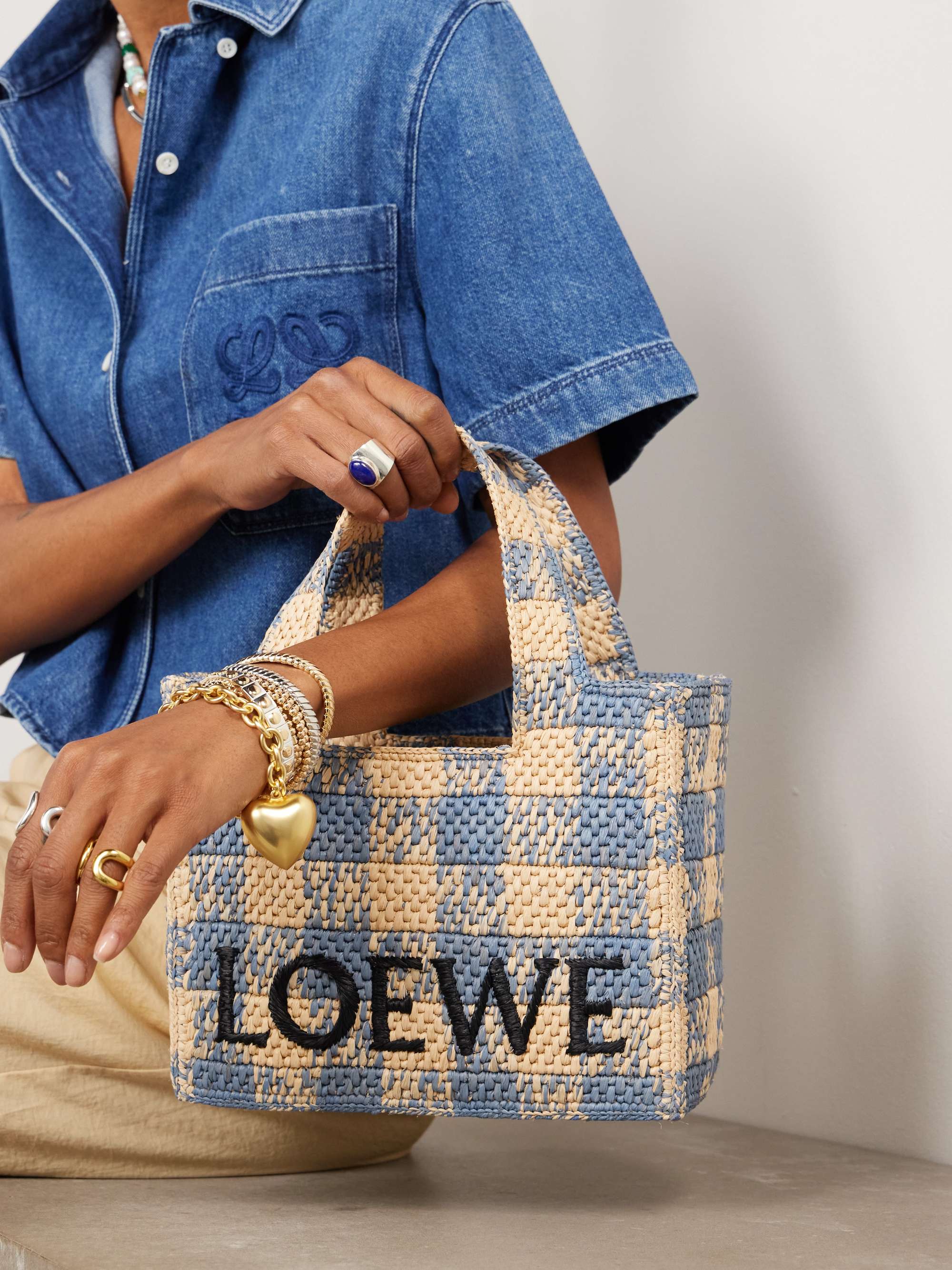 LOEWE + Paula's Ibiza ラフィア トートバッグ チェック柄 刺繍