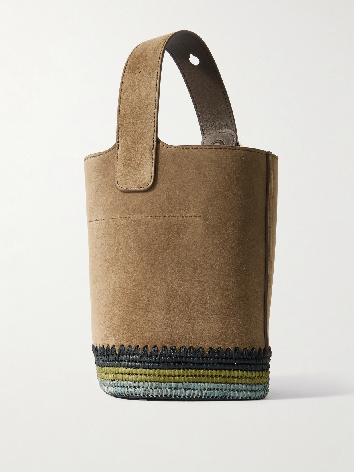 Loewe + Paula's Ibiza Pebble Mini Striped Raffia-trimmed Suede Tote In Brown