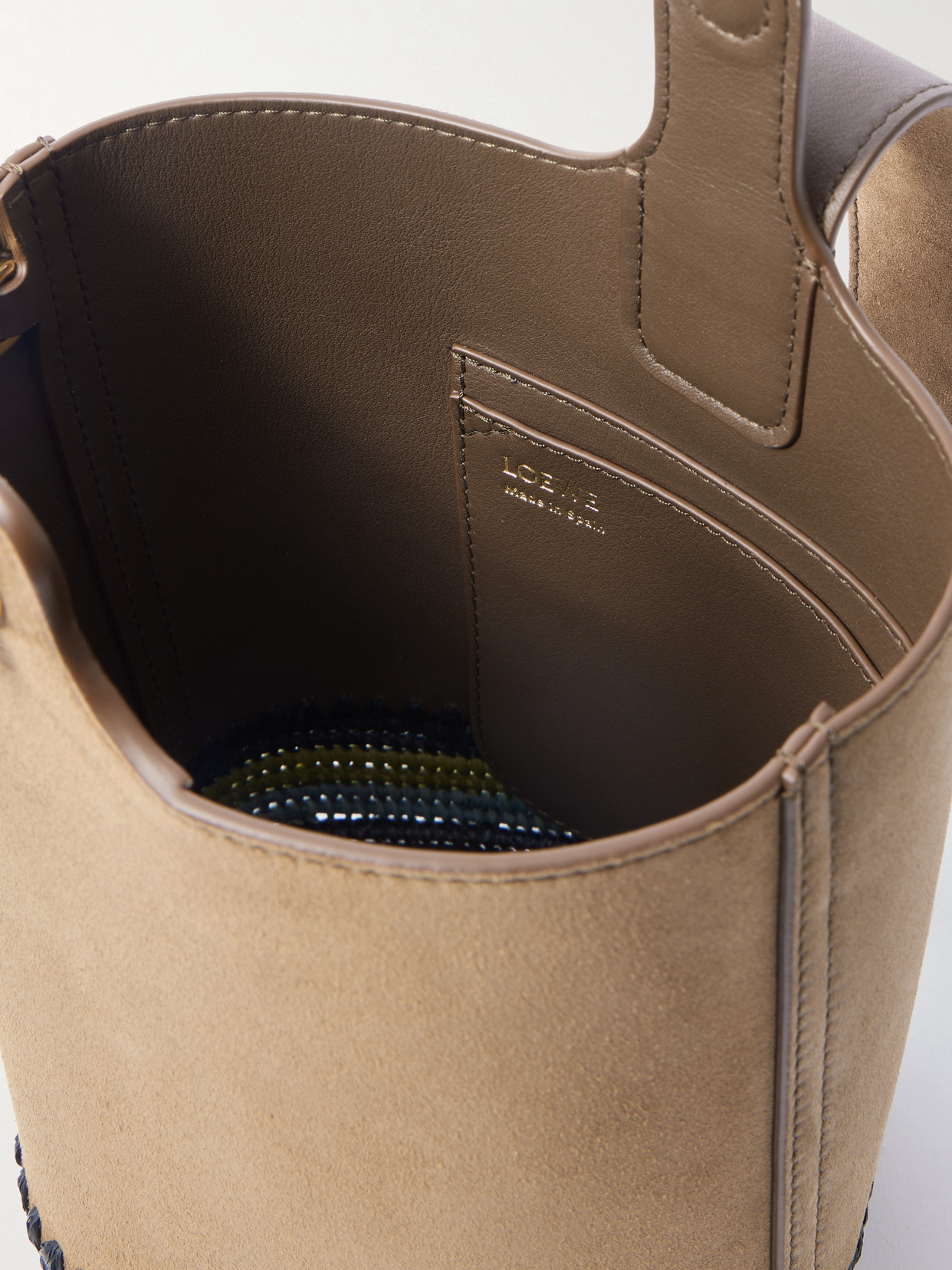 Loewe + Paula's Ibiza Pebble Mini Striped Raffia-trimmed Suede Tote In Brown