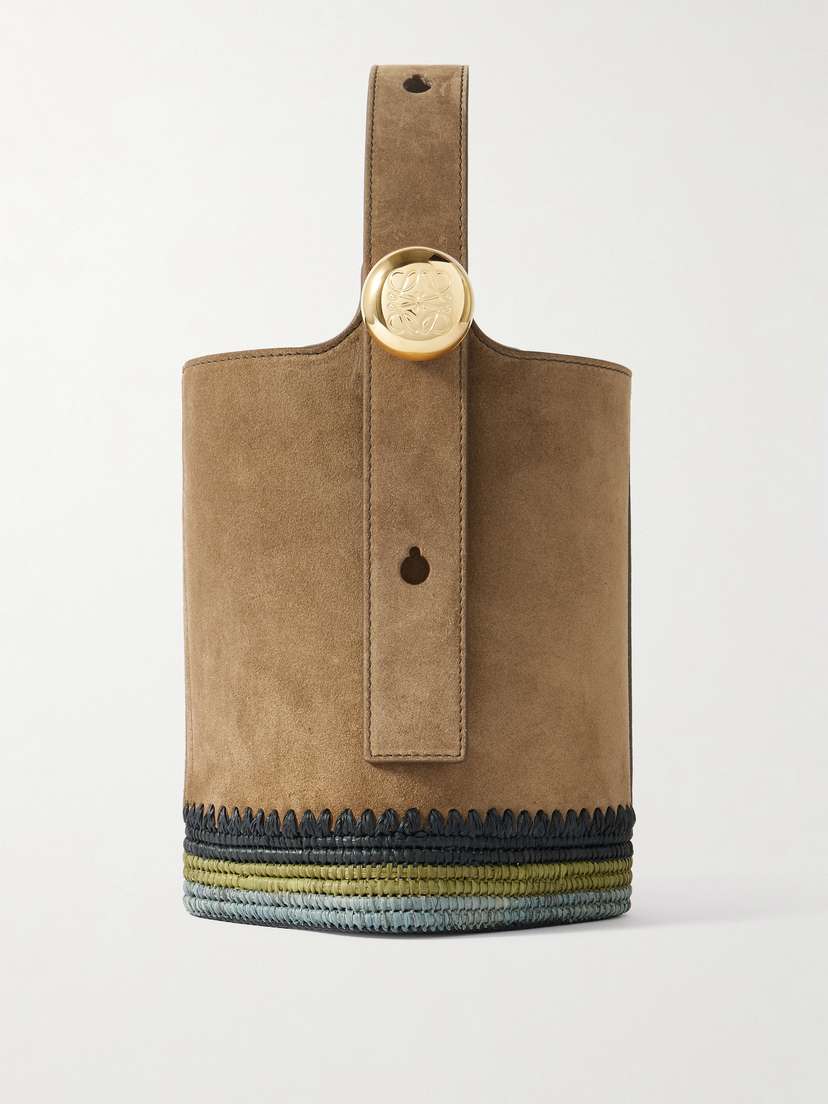Loewe + Paula's Ibiza Pebble Mini Striped Raffia-trimmed Suede Tote