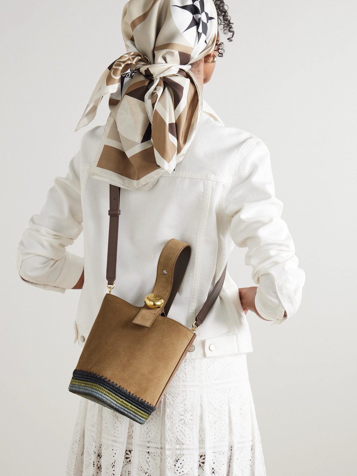 Loewe + Paula's Ibiza Pebble Mini Striped Raffia-trimmed Suede Tote In Brown