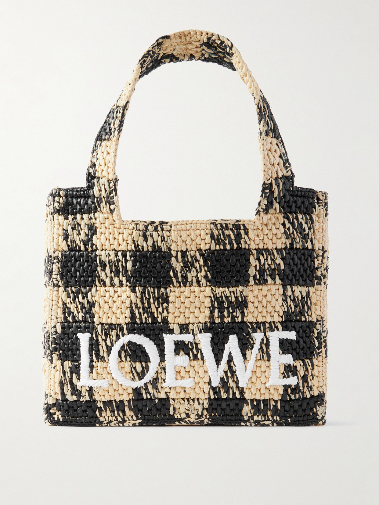 Loewe + Paula's Ibiza Mini Leather-trimmed Embroidered Gingham Raffia Tote In Neutrals